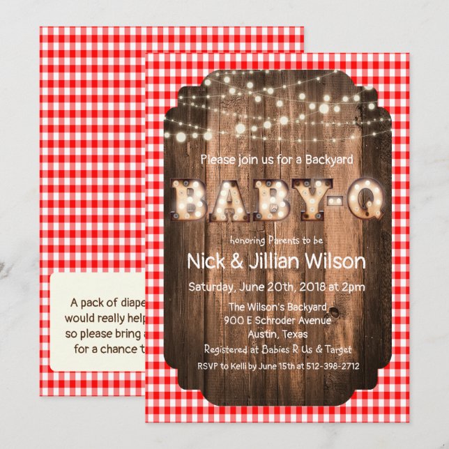 Invitación de Baby Shower a Bebé Rústico Q BBQ (Anverso / Reverso)