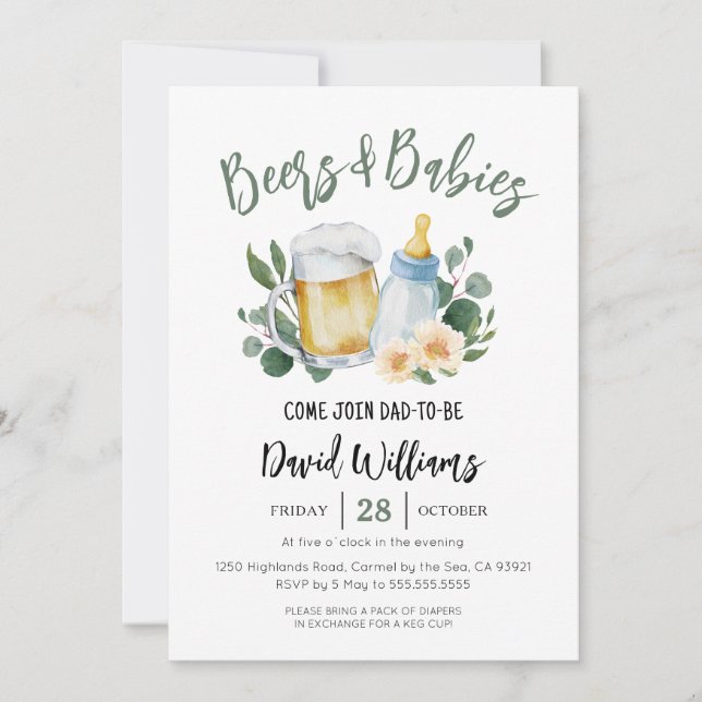 Invitación de Baby Shower a beer y bebes verde (Anverso)