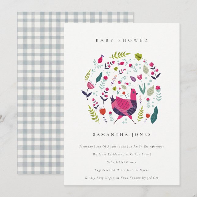 Invitación de Baby Shower a Birdie Floral, florida (Anverso / Reverso)