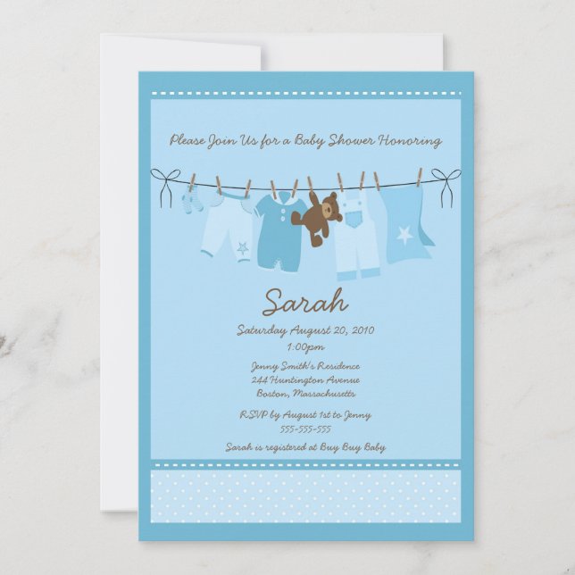 Invitación de Baby Shower a Blue Clothesline (Anverso)
