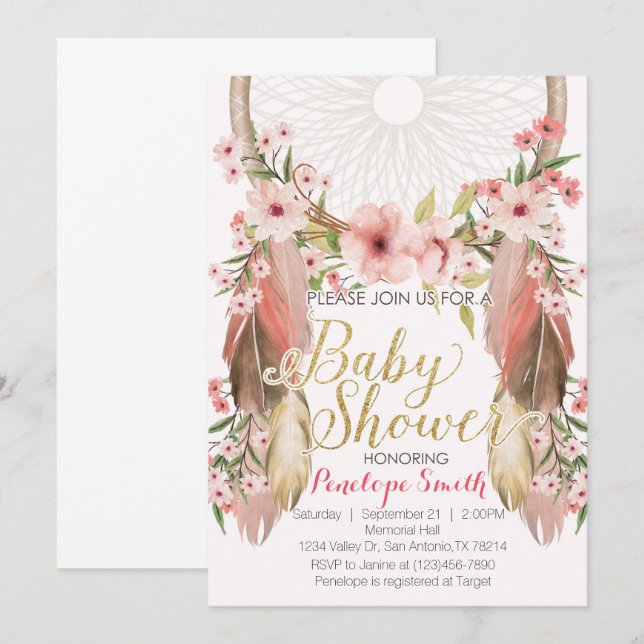 Invitación de Baby Shower a Boho Pink Gold Dreamca (Anverso / Reverso)