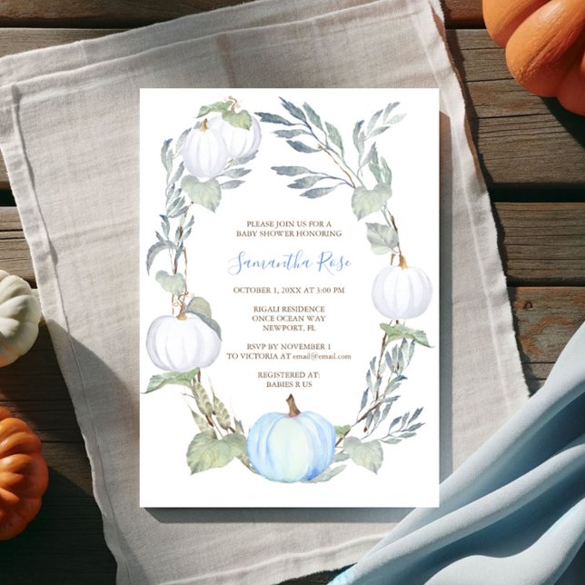 Invitación de Baby Shower a BOMBA azul y BLANCO (Pumpkin baby shower blue and white boy fall  watercolor )