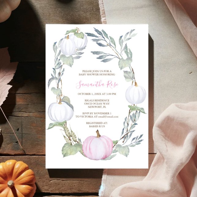 Invitación de Baby Shower a BOMBA rosa y BLANCO (Girl baby shower pink watercolor pumpkin fall invitations)