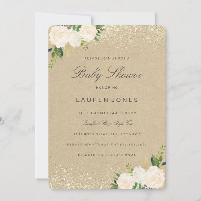 Invitación de Baby Shower a bonito Rústico Floral  (Anverso)