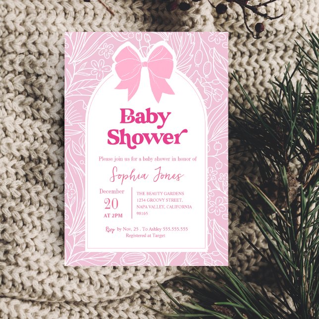 Invitación de Baby Shower a Bow con flores rosadas (Subido por el creador)