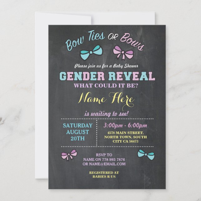 Invitación de Baby Shower a Bow Ties o Bows Gender (Anverso)