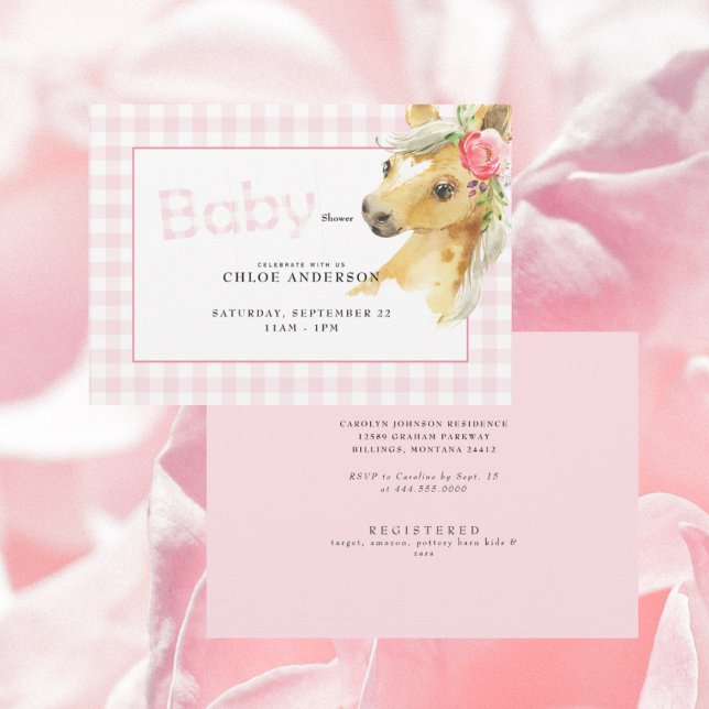 Invitación de Baby Shower a Caballo de Gingham Ros (Subido por el creador)
