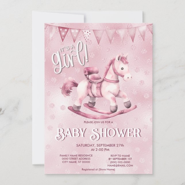 Invitación de Baby Shower a caballo rocoso rosado (Anverso)