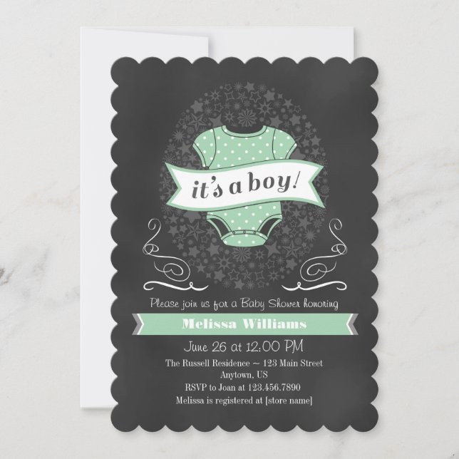 Invitación de Baby Shower a Chalkboard Boy verde d (Anverso)
