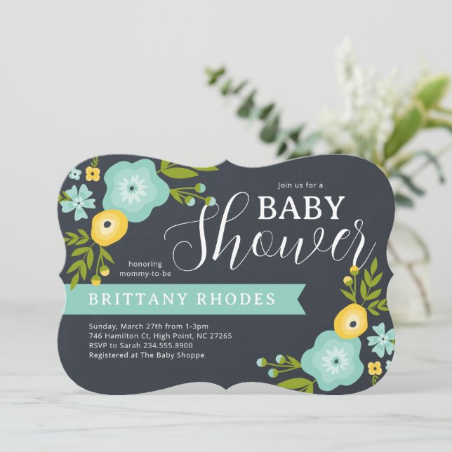 Invitación de Baby Shower a Chalkboard floral mode (Anverso de pie)