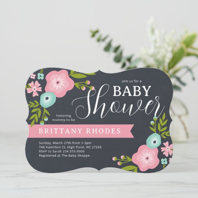 Invitación de Baby Shower a Chalkboard floral mode (Anverso de pie)