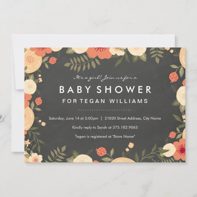 Invitación de Baby Shower a Chalkboard floral mode (Anverso)