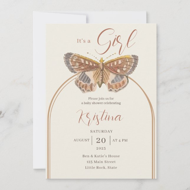 Invitación de Baby Shower a Chica de mariposas tod (Anverso)