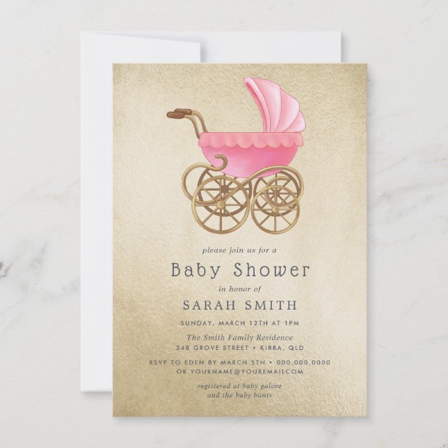 Invitación de Baby Shower a Chica de Pram Rosa Dor (Anverso)