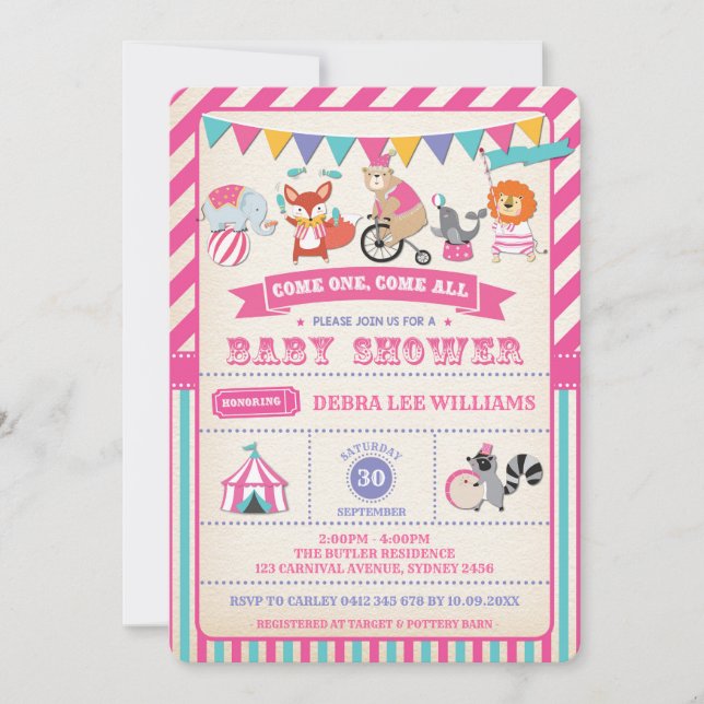 Invitación de Baby Shower a chicas de circo de car (Anverso)