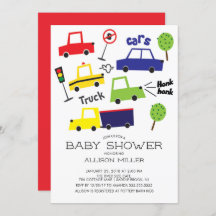 Invitación de Baby Shower a coches y camiones colo