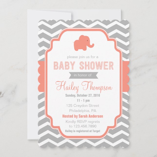 Invitación de Baby Shower a Coral Gray Chevron Ele (Anverso)