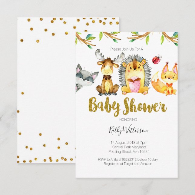 Invitación de Baby Shower a criaturas de bosques d (Anverso / Reverso)