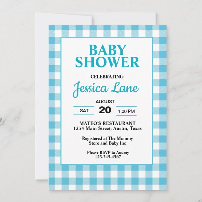 Invitación de baby shower a cuadros azul gingham (Anverso)