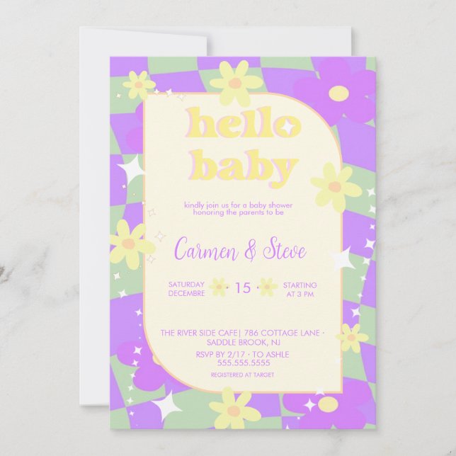 Invitación de baby shower a cuadros retro groovy (Anverso)