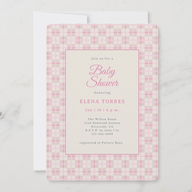 Invitación de baby shower a cuadros rosa elegante (Anverso)