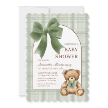 Invitación de Baby Shower a cuadros Sage con Teddy