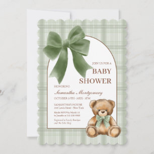 Invitación de Baby Shower a cuadros Sage con Teddy