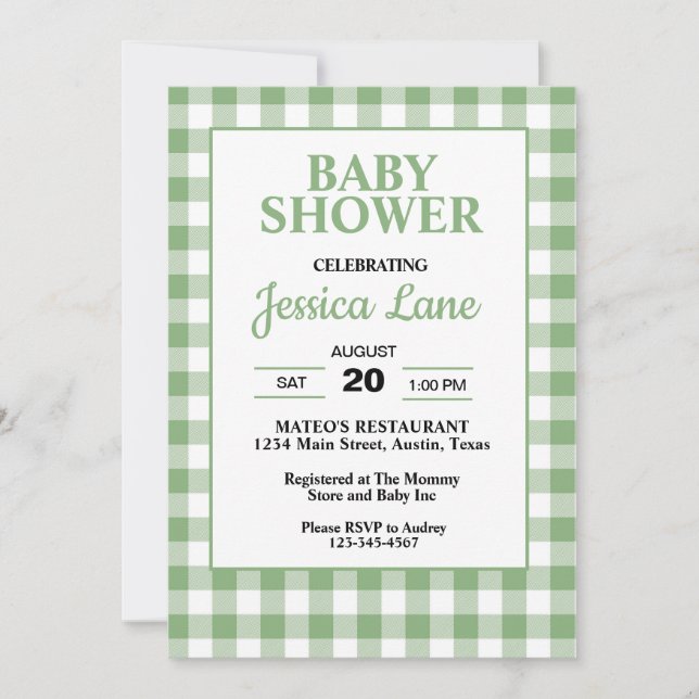 Invitación de baby shower a cuadros verde Gingham (Anverso)