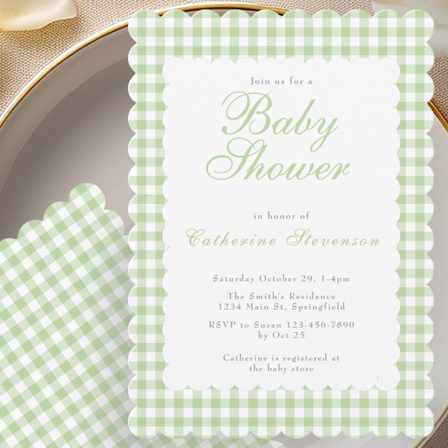 Invitación de baby shower a cuadros verde salvia (Subido por el creador)