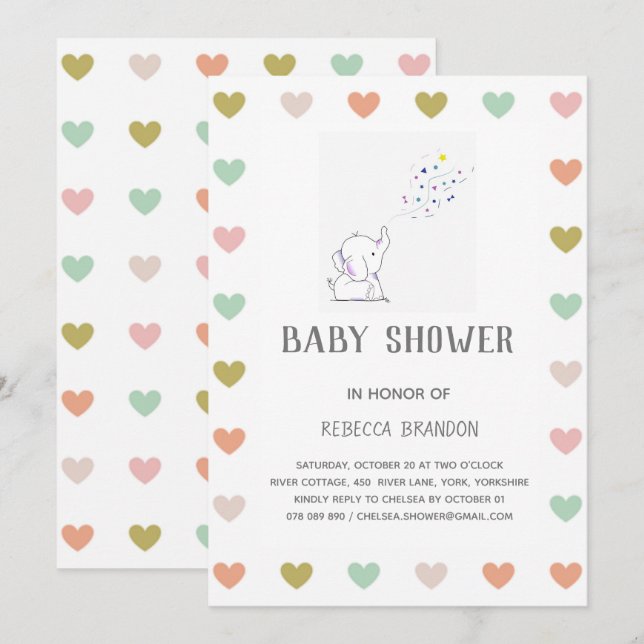 Invitación de Baby Shower a Cute Elephant Hearts M (Anverso / Reverso)