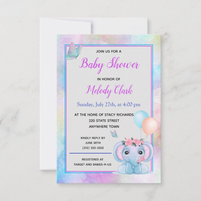 Invitación de Baby Shower a Cute Elephant Watercol (Anverso)
