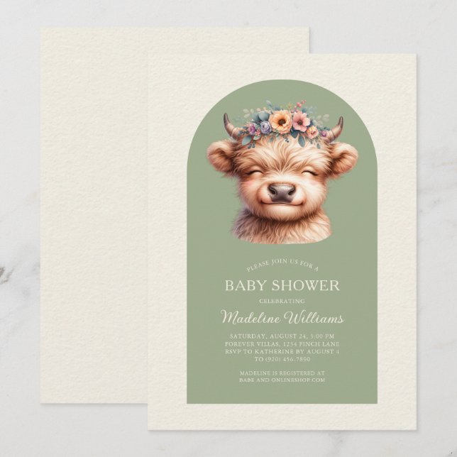 Invitación de Baby Shower a Cute Highland Cow Arch (Anverso / Reverso)