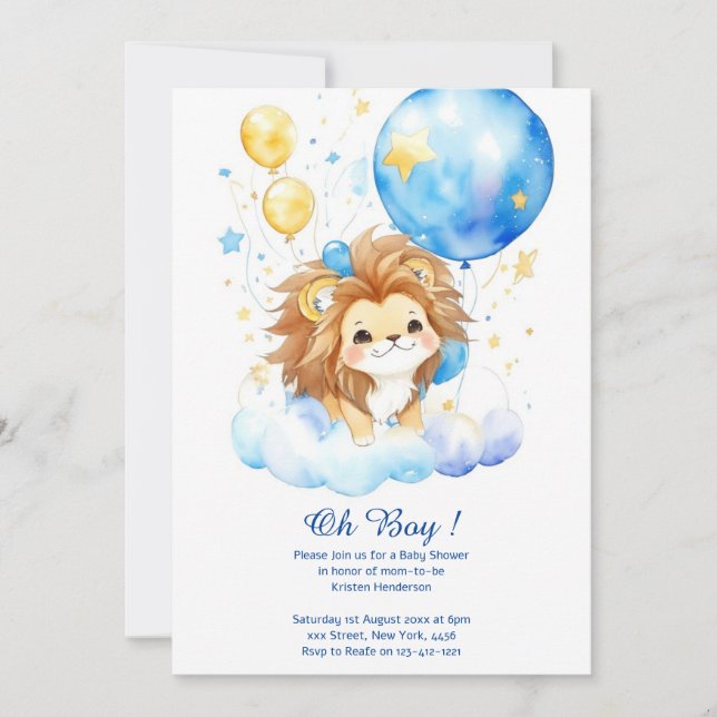 Invitación de Baby Shower a Cute Watercolor Lion (Anverso)