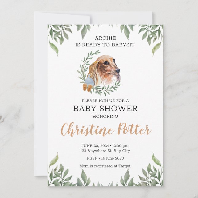 Invitación de Baby Shower a Dachshund Dog Greenery (Anverso)