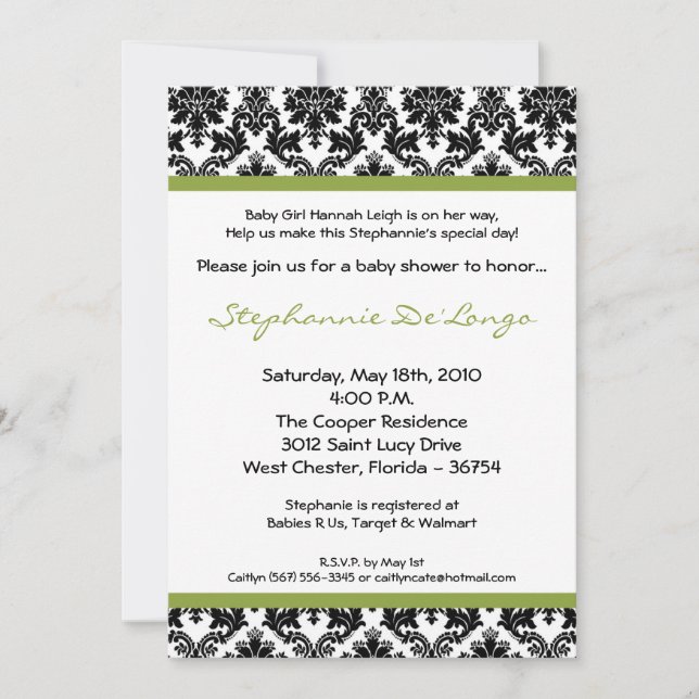 Invitación de Baby Shower a Damasco verde blanco l (Anverso)