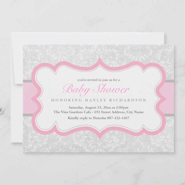 Invitación de Baby Shower a Damask elegante rosa y (Anverso)