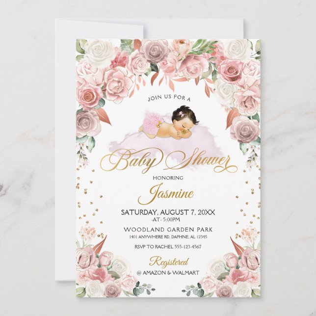 Invitación de Baby Shower a dormir con flores rosa (Anverso)