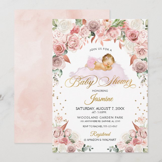 Invitación de Baby Shower a dormir con flores rosa (Anverso / Reverso)