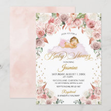 Invitación de Baby Shower a dormir con flores rosa