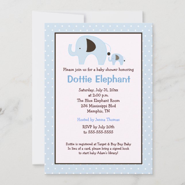 Invitación de Baby Shower a Dottie Elephant (azul  (Anverso)