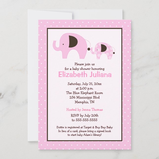 Invitación de Baby Shower a Dottie Elephant (rosa  (Anverso)