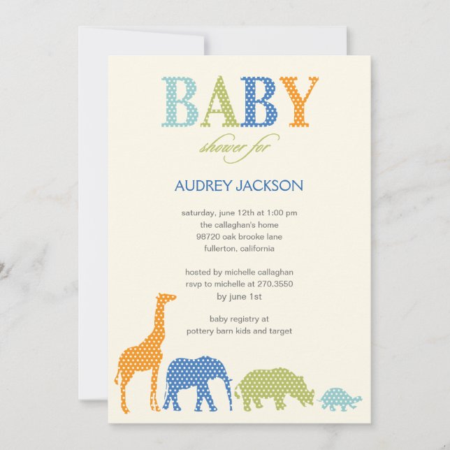 Invitación de Baby Shower a Dotty Animals - Azul (Anverso)