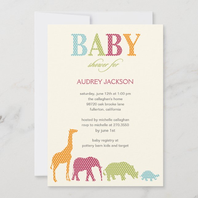 Invitación de Baby Shower a Dotty Animals - Rosa (Anverso)