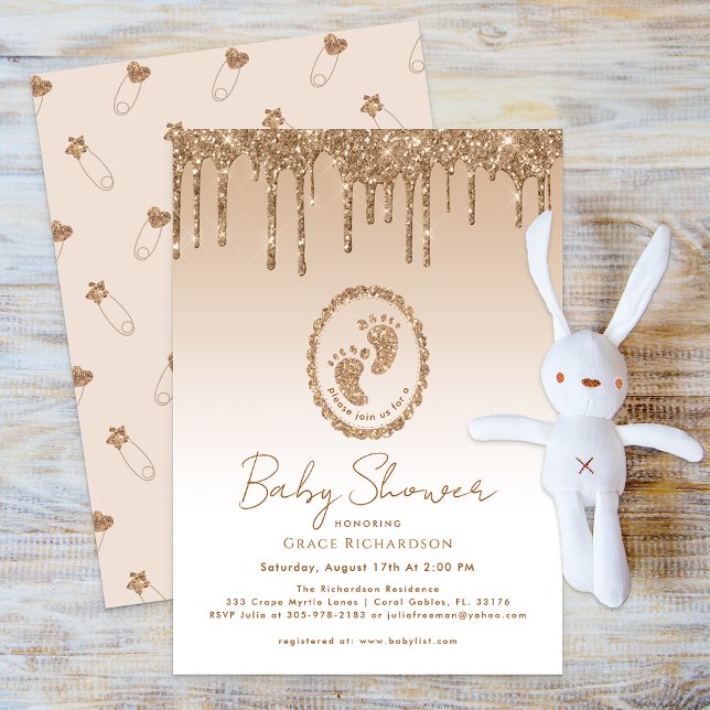 Invitación de Baby Shower a Drip Purpurina Gold (Gold Glitter Elegant Baby Shower Invite)