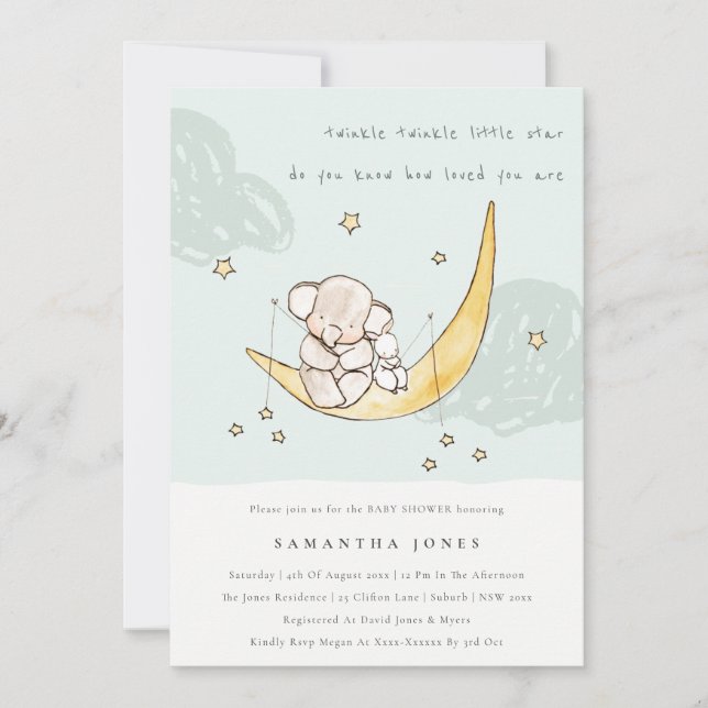 Invitación de Baby Shower a elefante conejito de l (Anverso)