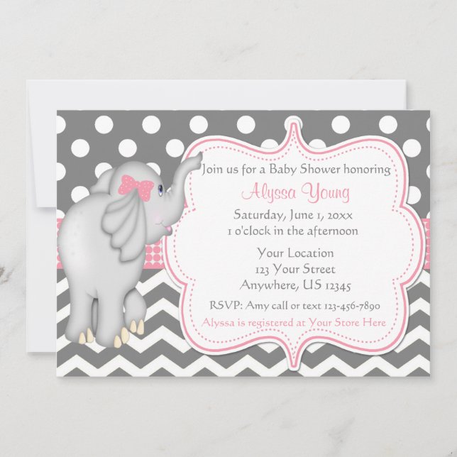 Invitación de Baby Shower a elefante gris rosa (Anverso)
