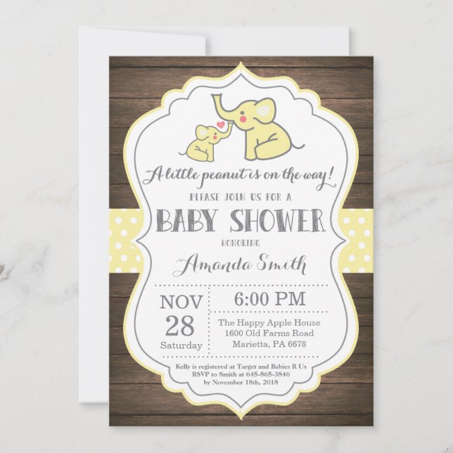 Invitación de Baby Shower a elefante ruso amarillo (Anverso)