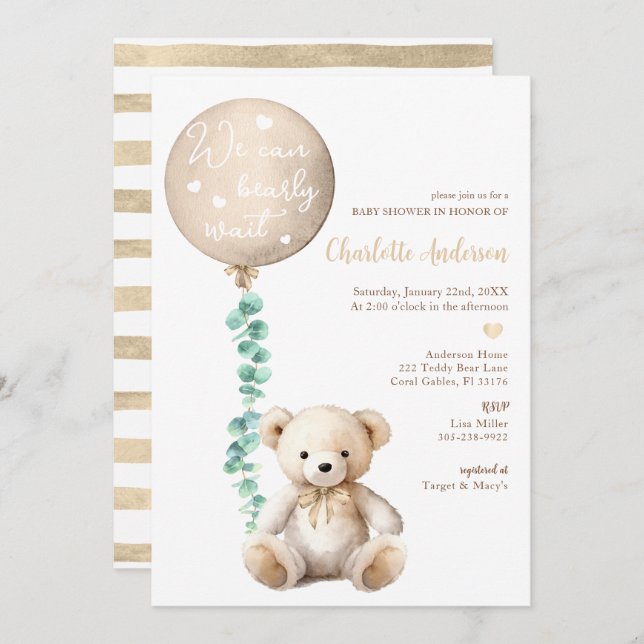 Invitación de Baby Shower a Eucalyptus Bearly Wait (Anverso / Reverso)