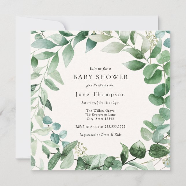 Invitación de Baby Shower a Eucalyptus Greenery Wr (Anverso)