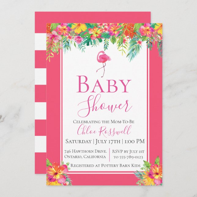 Invitación de Baby Shower a Flamingo Floral Rosa (Anverso / Reverso)